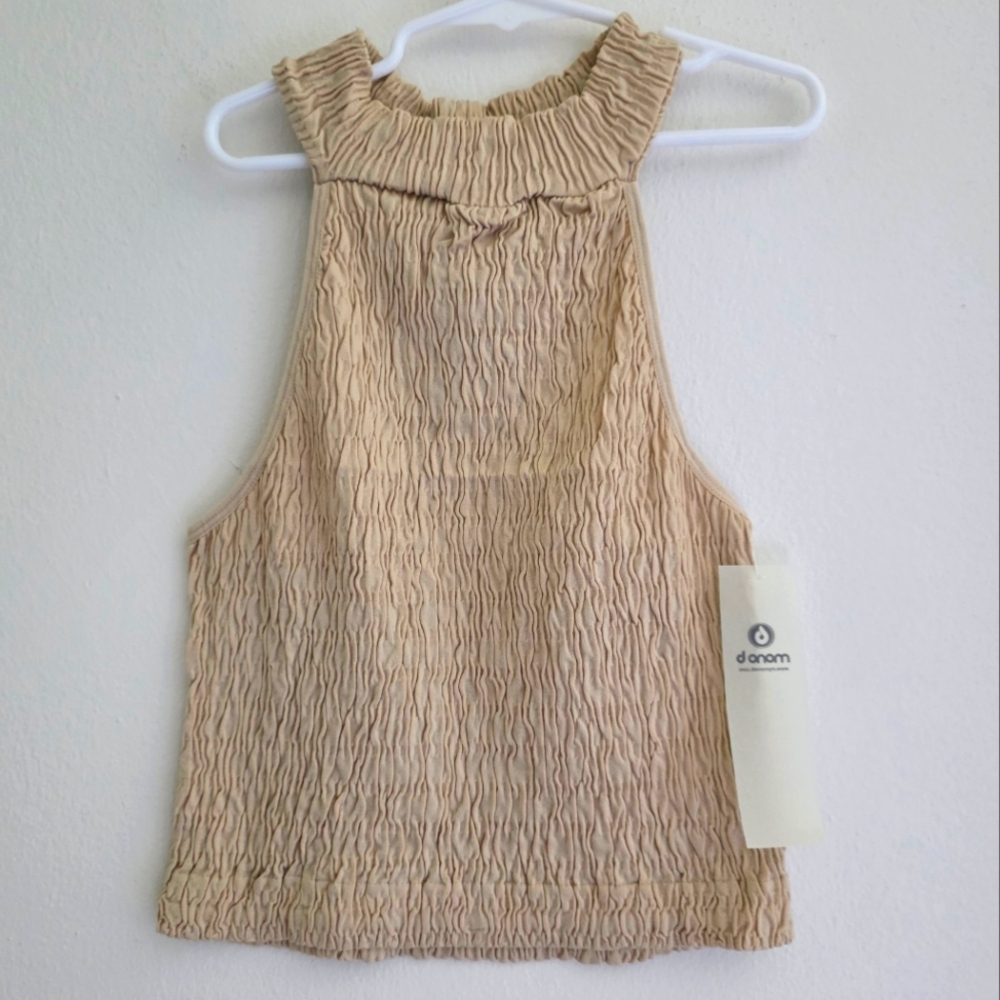 Mono B Women's Tan Sleeveless Smock Halter Tank Sz Large